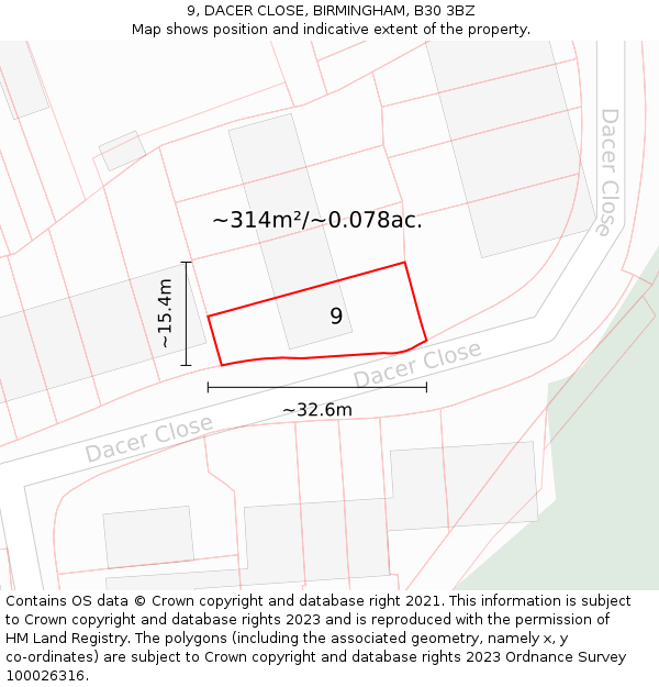 9, DACER CLOSE, BIRMINGHAM, B30 3BZ: Plot and title map