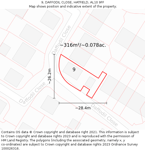 9, DAFFODIL CLOSE, HATFIELD, AL10 9FF: Plot and title map