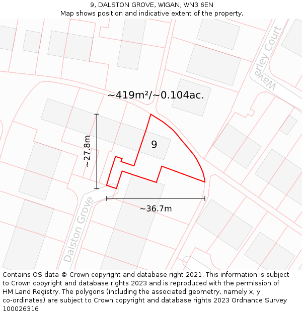 9, DALSTON GROVE, WIGAN, WN3 6EN: Plot and title map