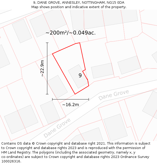 9, DANE GROVE, ANNESLEY, NOTTINGHAM, NG15 0DA: Plot and title map