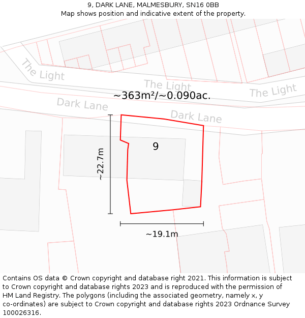 9, DARK LANE, MALMESBURY, SN16 0BB: Plot and title map