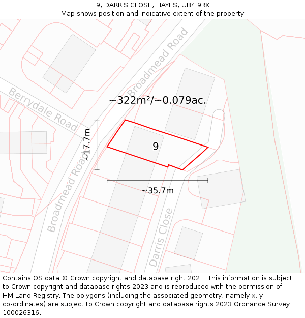 9, DARRIS CLOSE, HAYES, UB4 9RX: Plot and title map