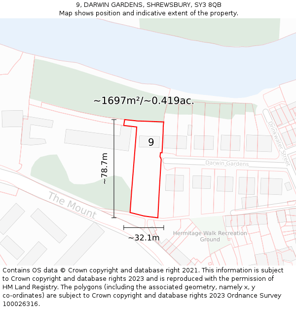 9, DARWIN GARDENS, SHREWSBURY, SY3 8QB: Plot and title map