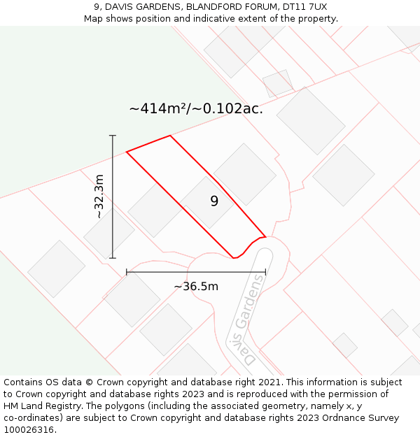 9, DAVIS GARDENS, BLANDFORD FORUM, DT11 7UX: Plot and title map