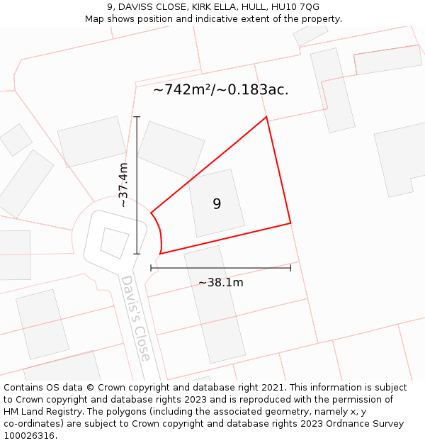 9, DAVISS CLOSE, KIRK ELLA, HULL, HU10 7QG: Plot and title map