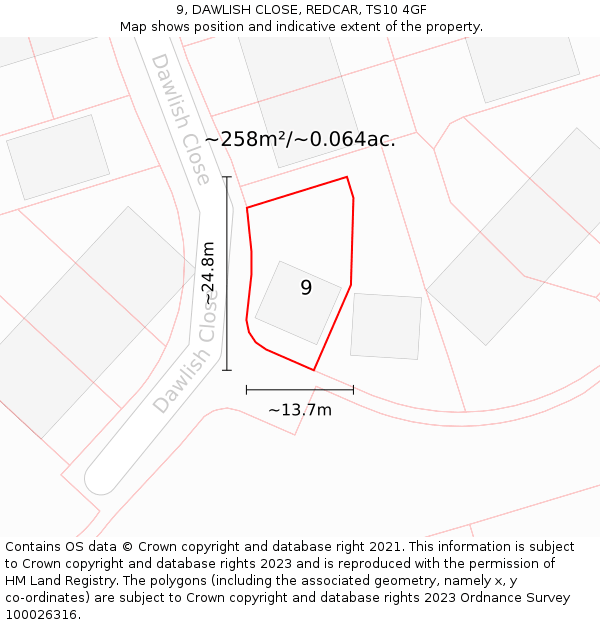 9, DAWLISH CLOSE, REDCAR, TS10 4GF: Plot and title map