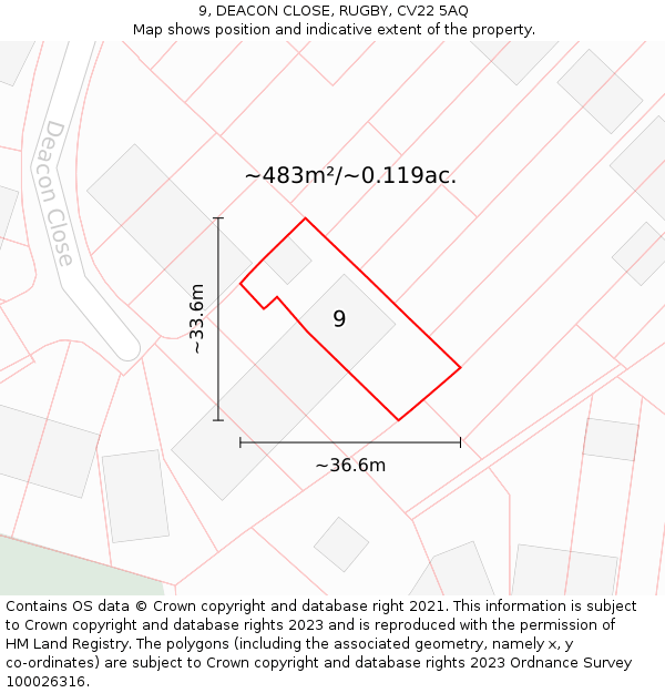 9, DEACON CLOSE, RUGBY, CV22 5AQ: Plot and title map