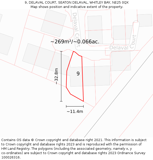 9, DELAVAL COURT, SEATON DELAVAL, WHITLEY BAY, NE25 0QX: Plot and title map