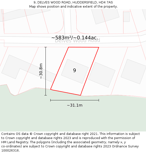 9, DELVES WOOD ROAD, HUDDERSFIELD, HD4 7AS: Plot and title map