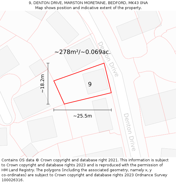 9, DENTON DRIVE, MARSTON MORETAINE, BEDFORD, MK43 0NA: Plot and title map