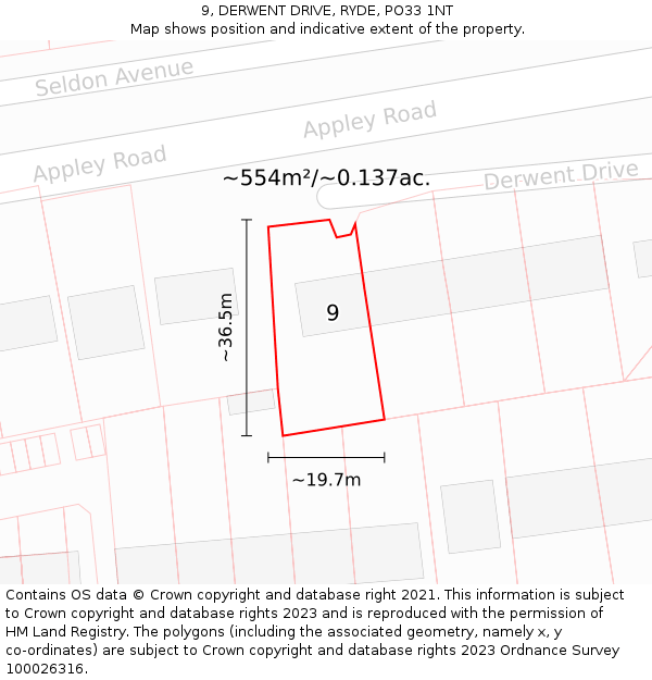 9, DERWENT DRIVE, RYDE, PO33 1NT: Plot and title map