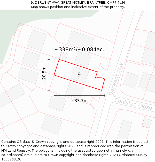 9, DERWENT WAY, GREAT NOTLEY, BRAINTREE, CM77 7UH: Plot and title map