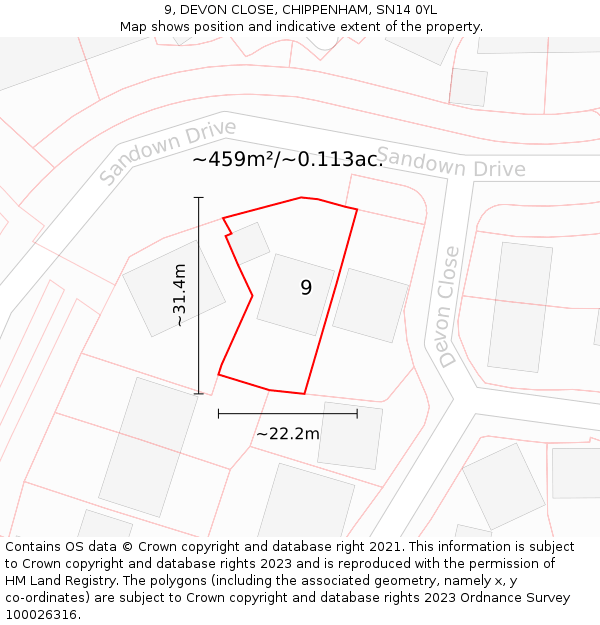 9, DEVON CLOSE, CHIPPENHAM, SN14 0YL: Plot and title map