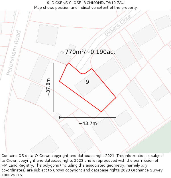 9, DICKENS CLOSE, RICHMOND, TW10 7AU: Plot and title map