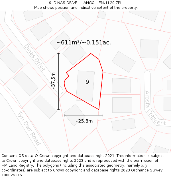 9, DINAS DRIVE, LLANGOLLEN, LL20 7PL: Plot and title map