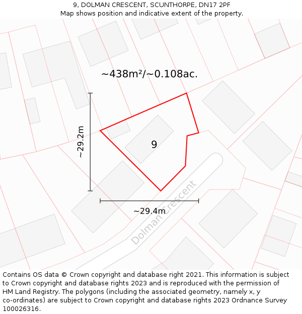 9, DOLMAN CRESCENT, SCUNTHORPE, DN17 2PF: Plot and title map