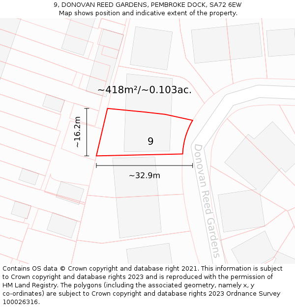 9, DONOVAN REED GARDENS, PEMBROKE DOCK, SA72 6EW: Plot and title map