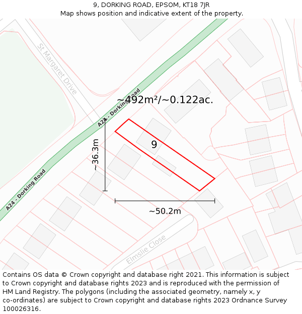 9, DORKING ROAD, EPSOM, KT18 7JR: Plot and title map