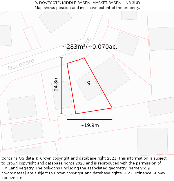 9, DOVECOTE, MIDDLE RASEN, MARKET RASEN, LN8 3UD: Plot and title map