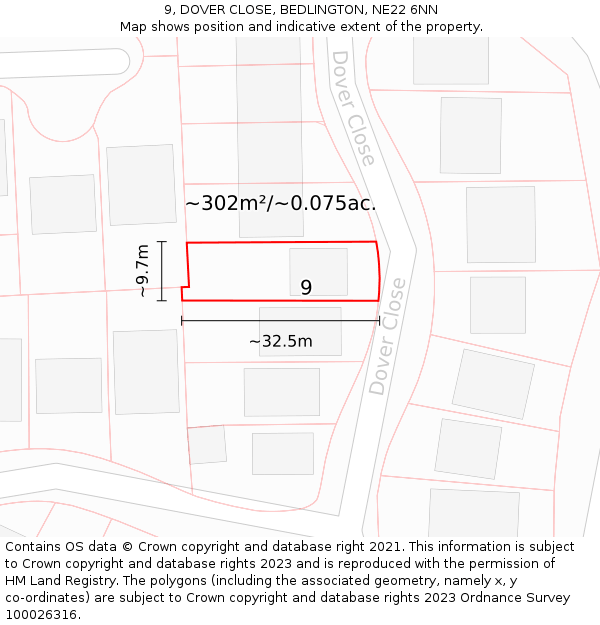 9, DOVER CLOSE, BEDLINGTON, NE22 6NN: Plot and title map