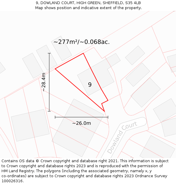 9, DOWLAND COURT, HIGH GREEN, SHEFFIELD, S35 4LB: Plot and title map