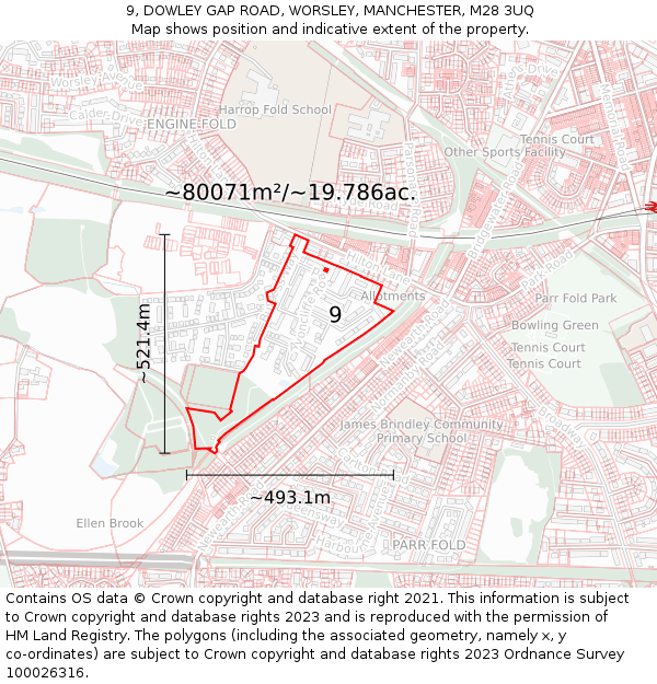 9, DOWLEY GAP ROAD, WORSLEY, MANCHESTER, M28 3UQ: Plot and title map