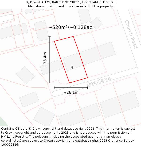 9, DOWNLANDS, PARTRIDGE GREEN, HORSHAM, RH13 8QU: Plot and title map