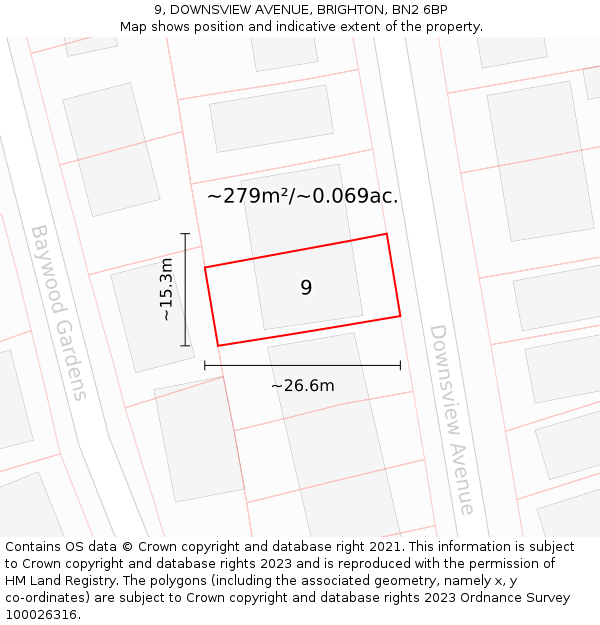 9, DOWNSVIEW AVENUE, BRIGHTON, BN2 6BP: Plot and title map
