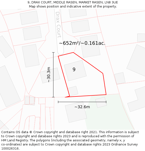 9, DRAX COURT, MIDDLE RASEN, MARKET RASEN, LN8 3UE: Plot and title map