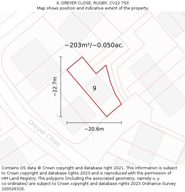 9, DREYER CLOSE, RUGBY, CV22 7SX: Plot and title map