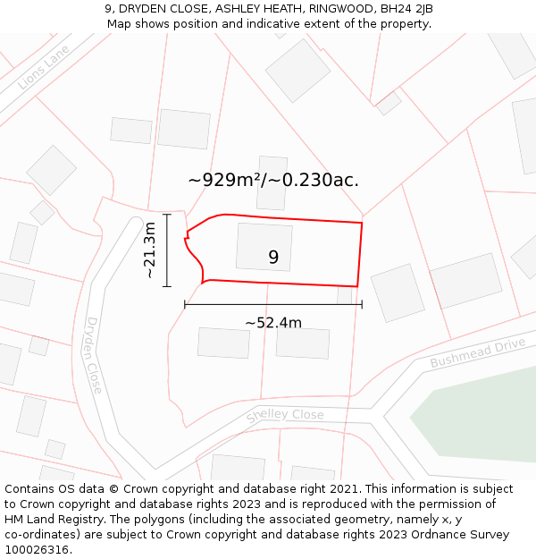 9, DRYDEN CLOSE, ASHLEY HEATH, RINGWOOD, BH24 2JB: Plot and title map