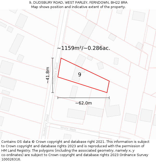 9, DUDSBURY ROAD, WEST PARLEY, FERNDOWN, BH22 8RA: Plot and title map