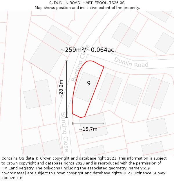 9, DUNLIN ROAD, HARTLEPOOL, TS26 0SJ: Plot and title map