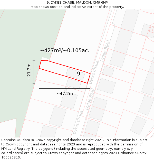 9, DYKES CHASE, MALDON, CM9 6HP: Plot and title map