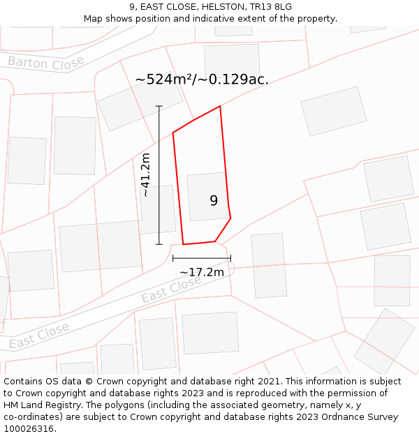 9, EAST CLOSE, HELSTON, TR13 8LG: Plot and title map