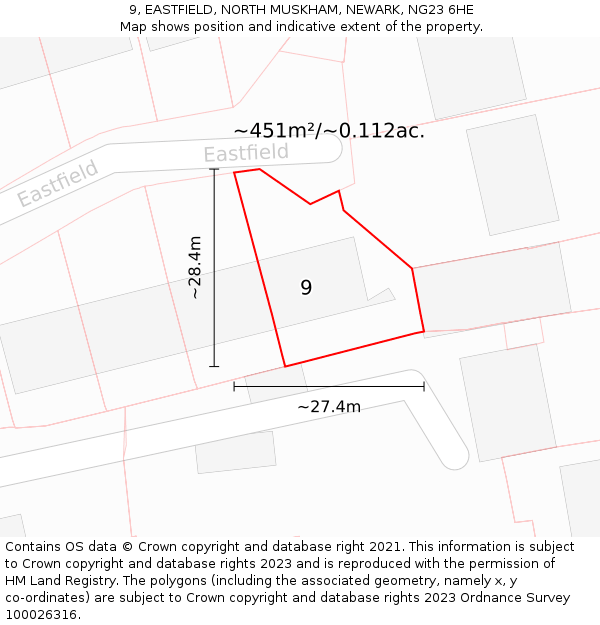 9, EASTFIELD, NORTH MUSKHAM, NEWARK, NG23 6HE: Plot and title map