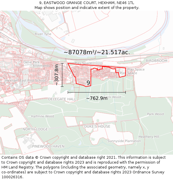 9, EASTWOOD GRANGE COURT, HEXHAM, NE46 1TL: Plot and title map