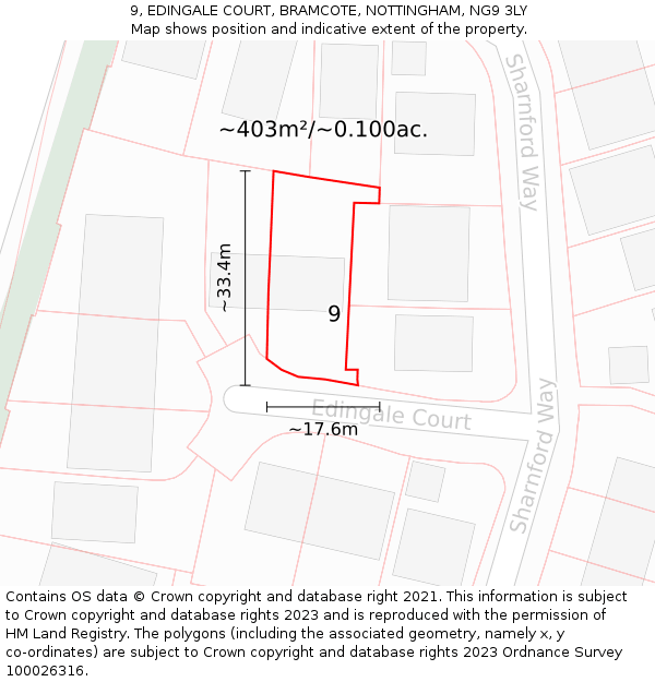 9, EDINGALE COURT, BRAMCOTE, NOTTINGHAM, NG9 3LY: Plot and title map