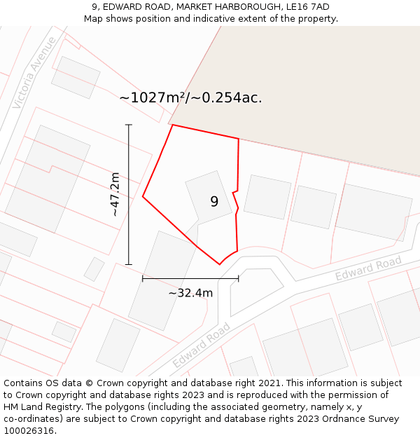 9, EDWARD ROAD, MARKET HARBOROUGH, LE16 7AD: Plot and title map