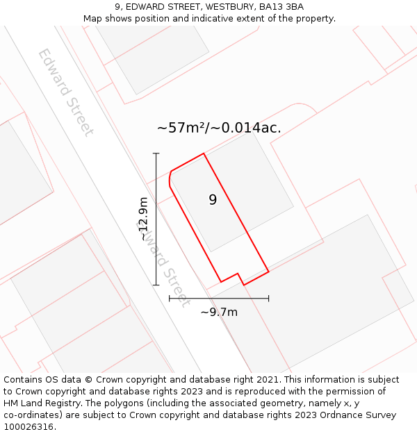 9, EDWARD STREET, WESTBURY, BA13 3BA: Plot and title map