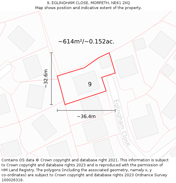 9, EGLINGHAM CLOSE, MORPETH, NE61 2XQ: Plot and title map