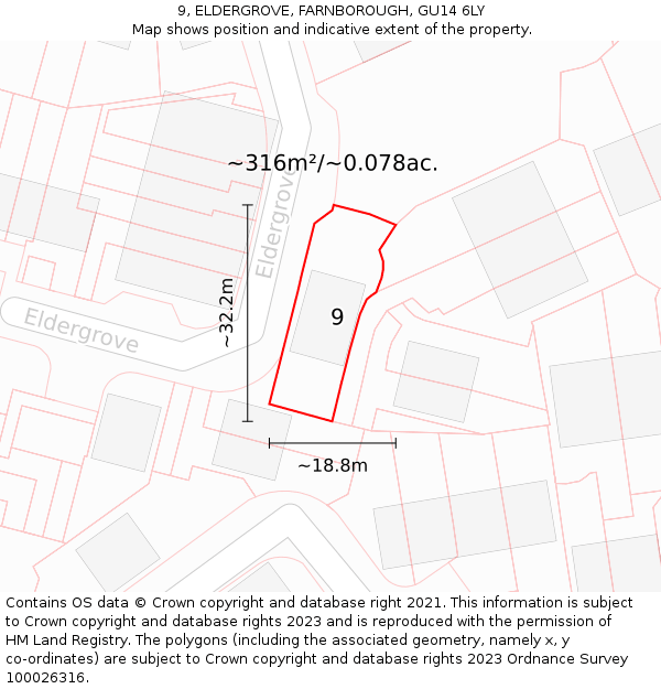 9, ELDERGROVE, FARNBOROUGH, GU14 6LY: Plot and title map