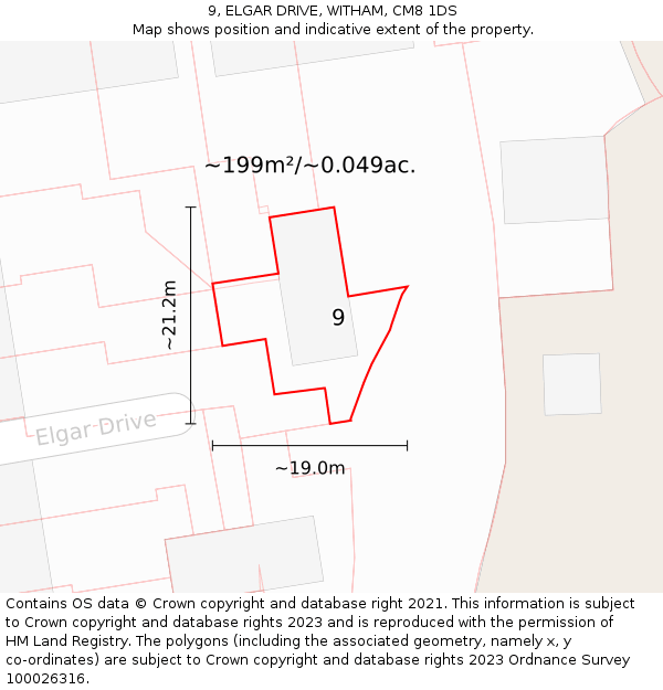 9, ELGAR DRIVE, WITHAM, CM8 1DS: Plot and title map