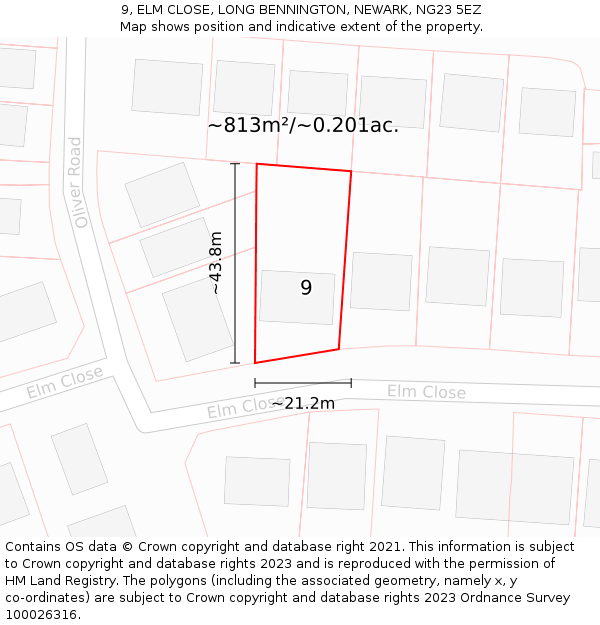 9, ELM CLOSE, LONG BENNINGTON, NEWARK, NG23 5EZ: Plot and title map