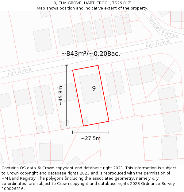 9, ELM GROVE, HARTLEPOOL, TS26 8LZ: Plot and title map