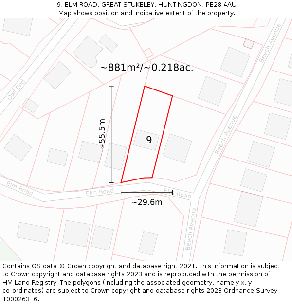 9, ELM ROAD, GREAT STUKELEY, HUNTINGDON, PE28 4AU: Plot and title map