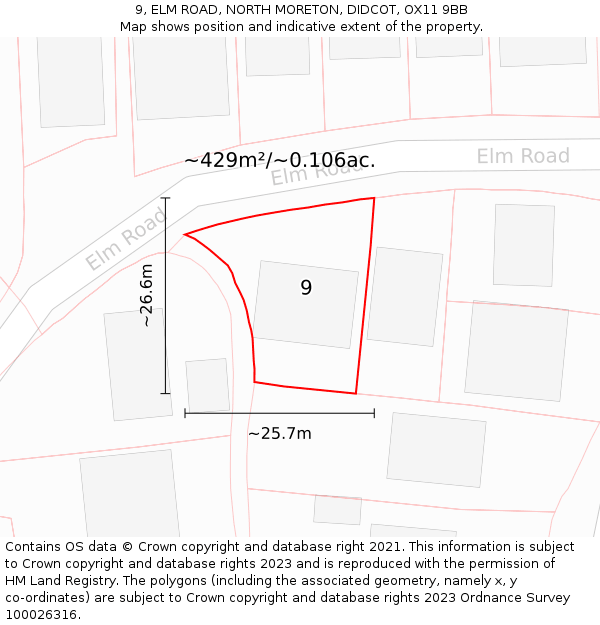 9, ELM ROAD, NORTH MORETON, DIDCOT, OX11 9BB: Plot and title map