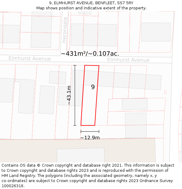 9, ELMHURST AVENUE, BENFLEET, SS7 5RY: Plot and title map