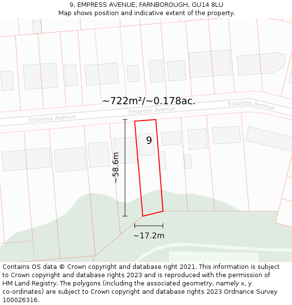 9, EMPRESS AVENUE, FARNBOROUGH, GU14 8LU: Plot and title map