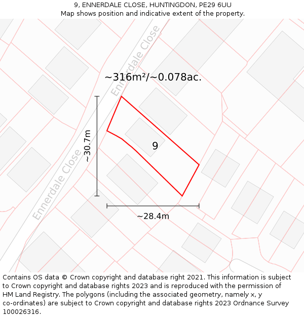 9, ENNERDALE CLOSE, HUNTINGDON, PE29 6UU: Plot and title map